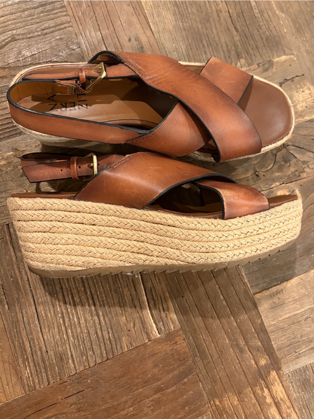 Naturalizer Brown Leather Crisscross Espadrille Wedge Sandals - Size 8.5